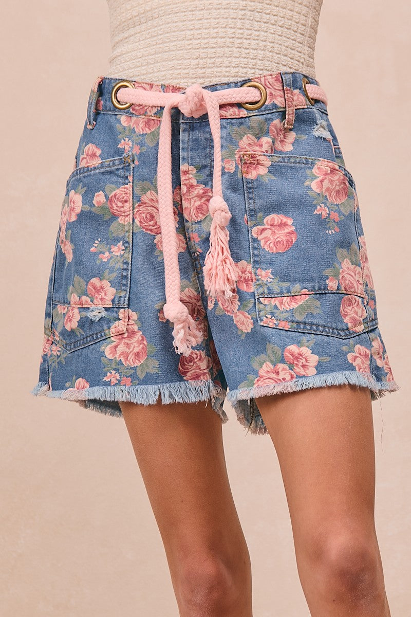 Braided Waist Belt Patch Pockets Floral Print Deni