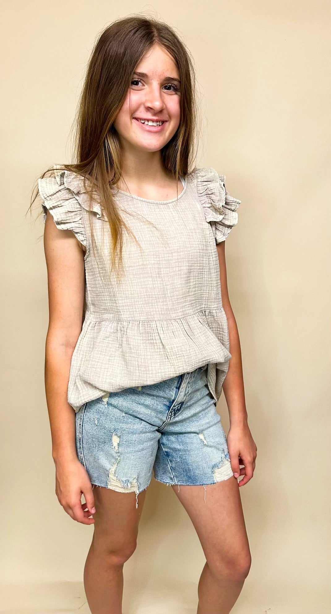 Double Gauze Acid Washed Tiered Ruffle Peplum