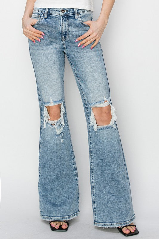 RISEN INSPIRED MID RISE DISTRESSED FLARE JEANS