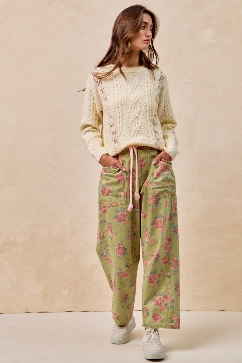 Braided Waist Belt Patch Pockets Floral Print Pant
