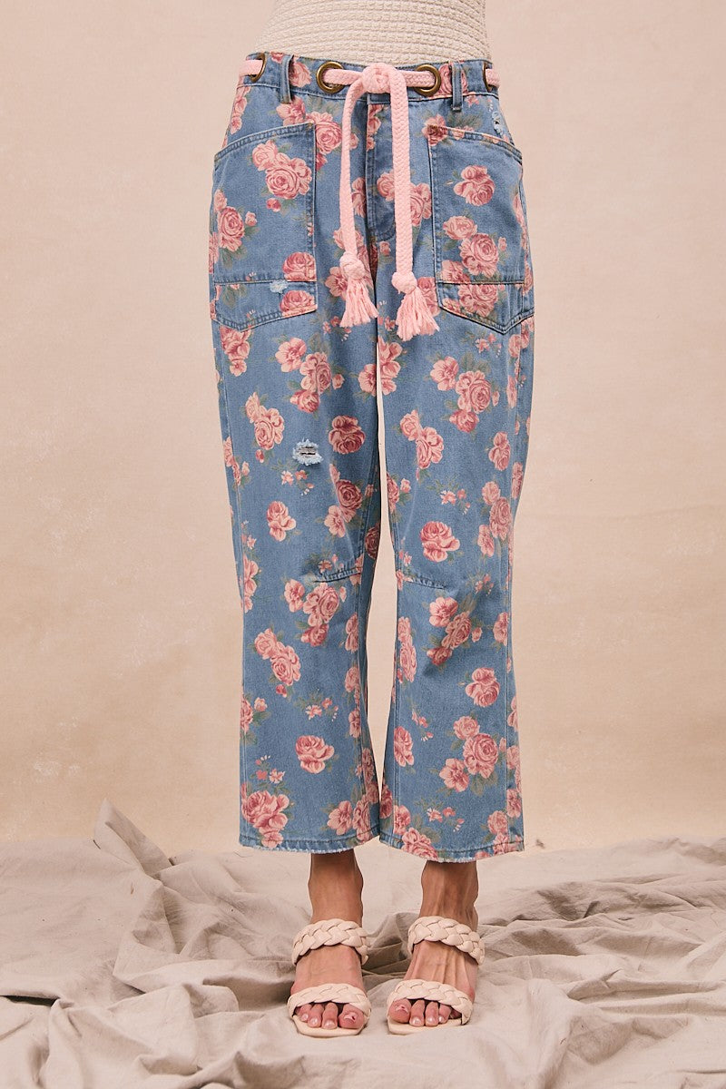 Braided Waist Belt Patch Pockets Floral Print Deni