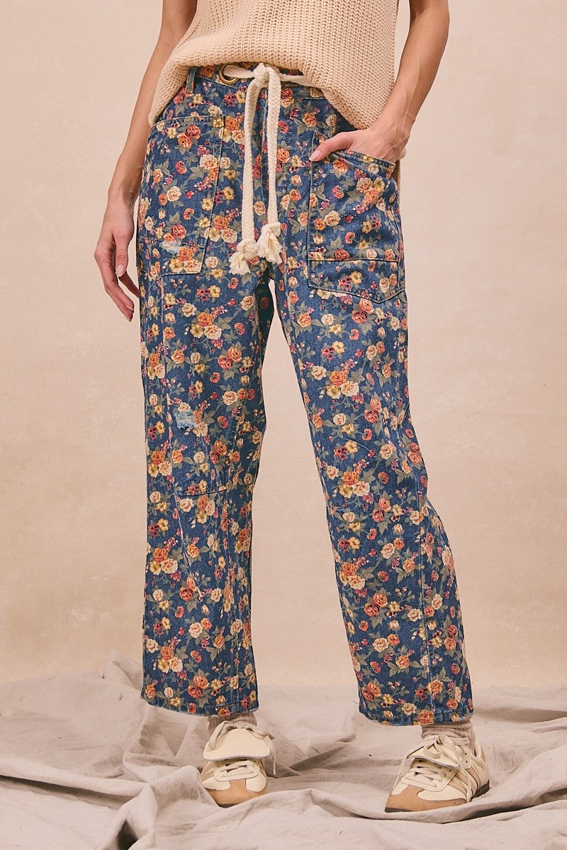 Mineral Washed Denim Ditsy Printed Braided Waist