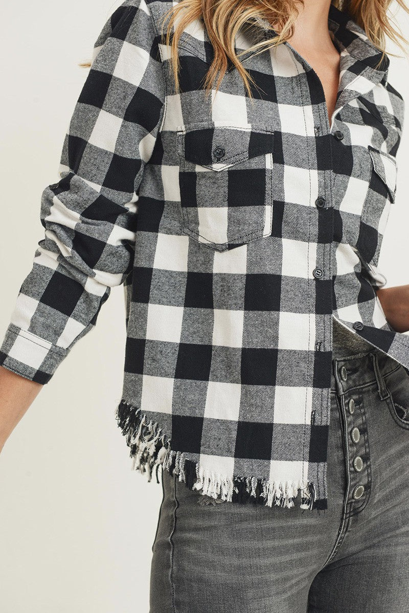 RISEN BLACK & WHITE BUFFALO PLAID FRAYED HEM SHIRT