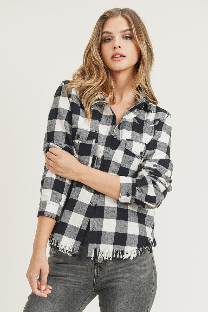 RISEN BLACK & WHITE BUFFALO PLAID FRAYED HEM SHIRT