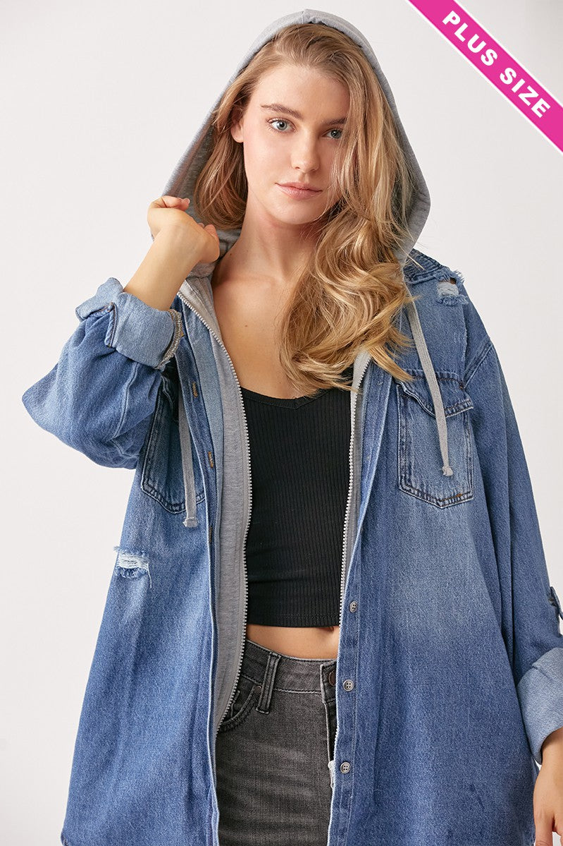 BE THE ONE OVERSIZED VINTAGE DENIM SHIRT WITH ZIP-UP HOODIE CURVY GIRL