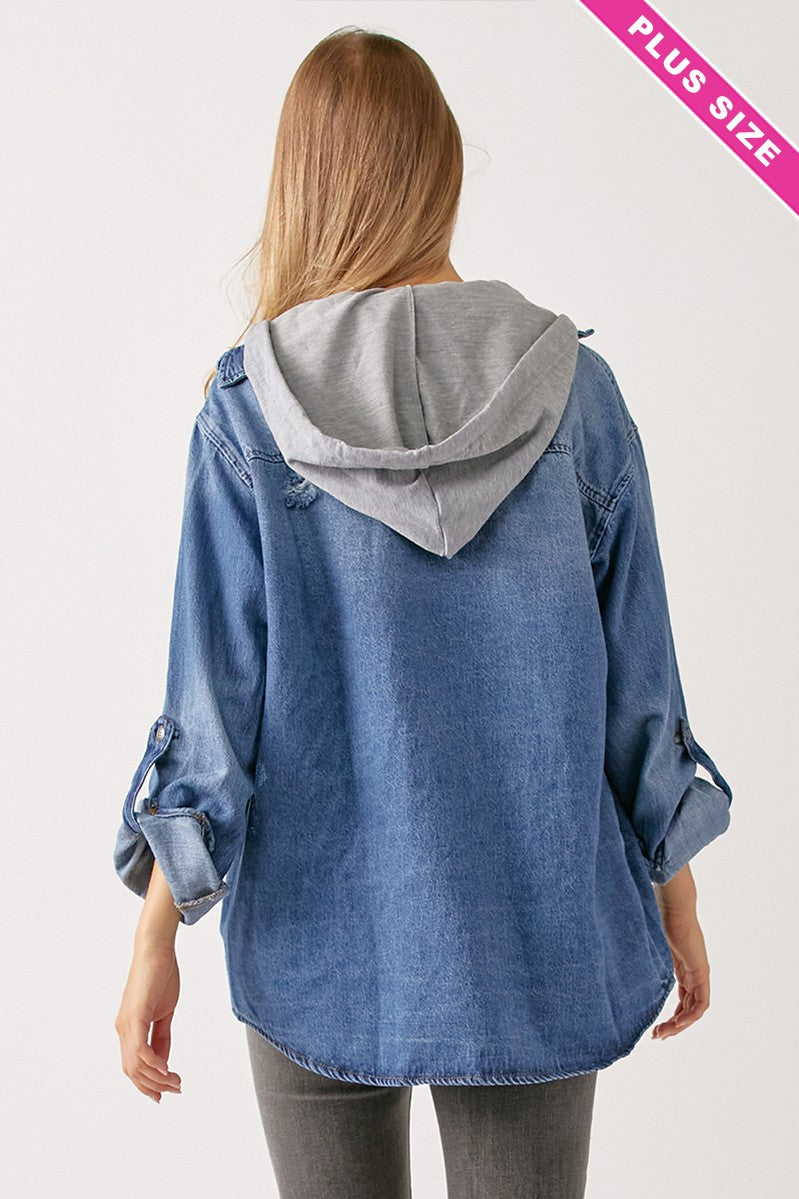 BE THE ONE OVERSIZED VINTAGE DENIM SHIRT WITH ZIP-UP HOODIE CURVY GIRL
