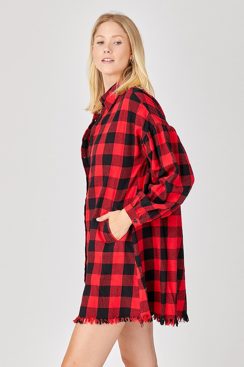 GREEN OVERSIZED PLAID SHIRT DRESS SHACKET