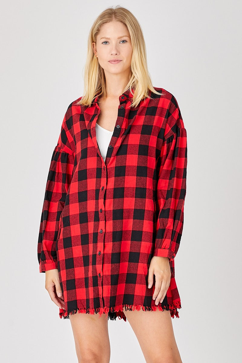GREEN OVERSIZED PLAID SHIRT DRESS SHACKET
