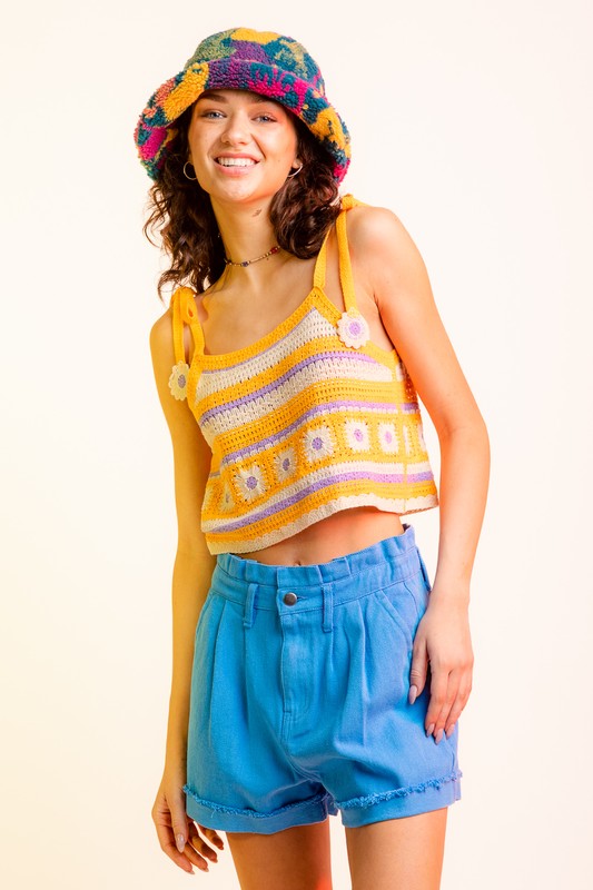 Floral Stripe Lace Crochet Crop Top
