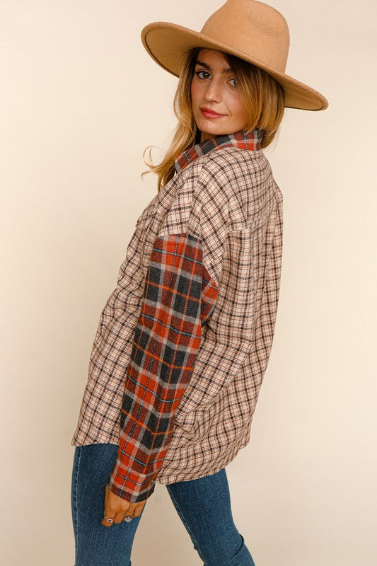 FLANNEL PLAID COLOR BLOCK BUTTON DOWN SHACKET