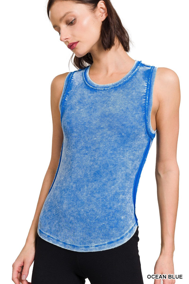 WASHED RIBBED TANK TOP WITH EXPOSED SEAM