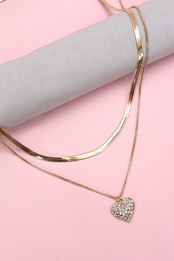 DOUBLE LAYER RHINESTONE HEART HERRINGBONE NECKLACE