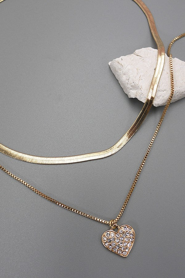 DOUBLE LAYER RHINESTONE HEART HERRINGBONE NECKLACE