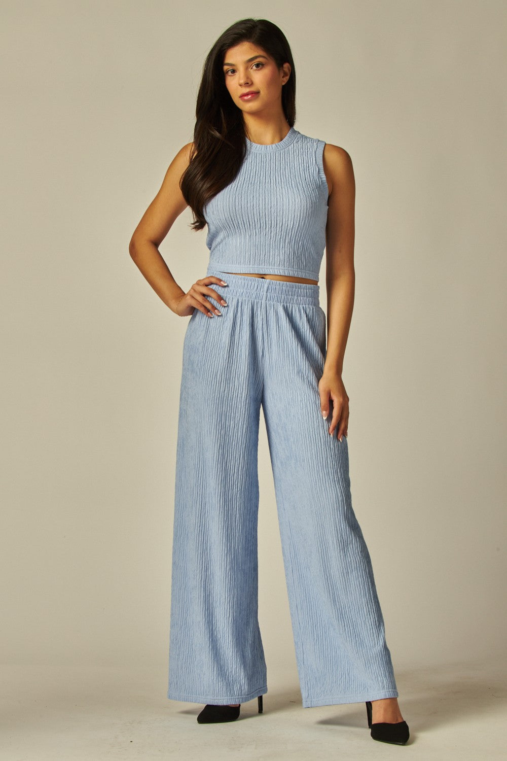 SKY BLUE Crinkle Textured Cropped Top 2pc Loungewear Set