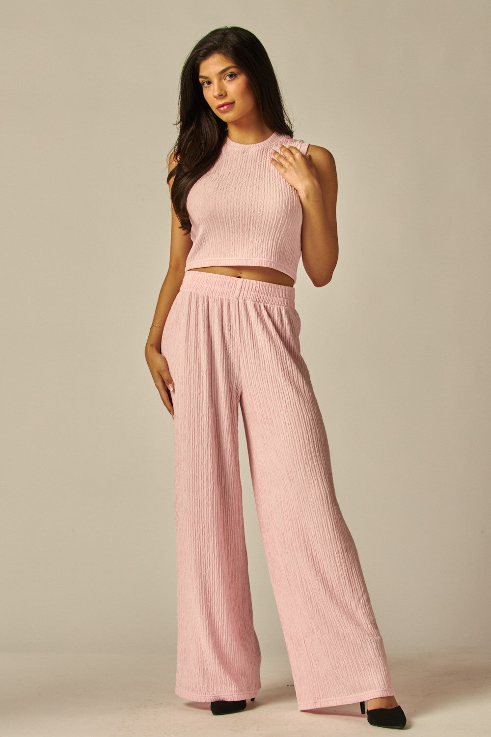 PINK BLOSSOM Crinkle Textured Cropped Top 2pc Loungewear Set
