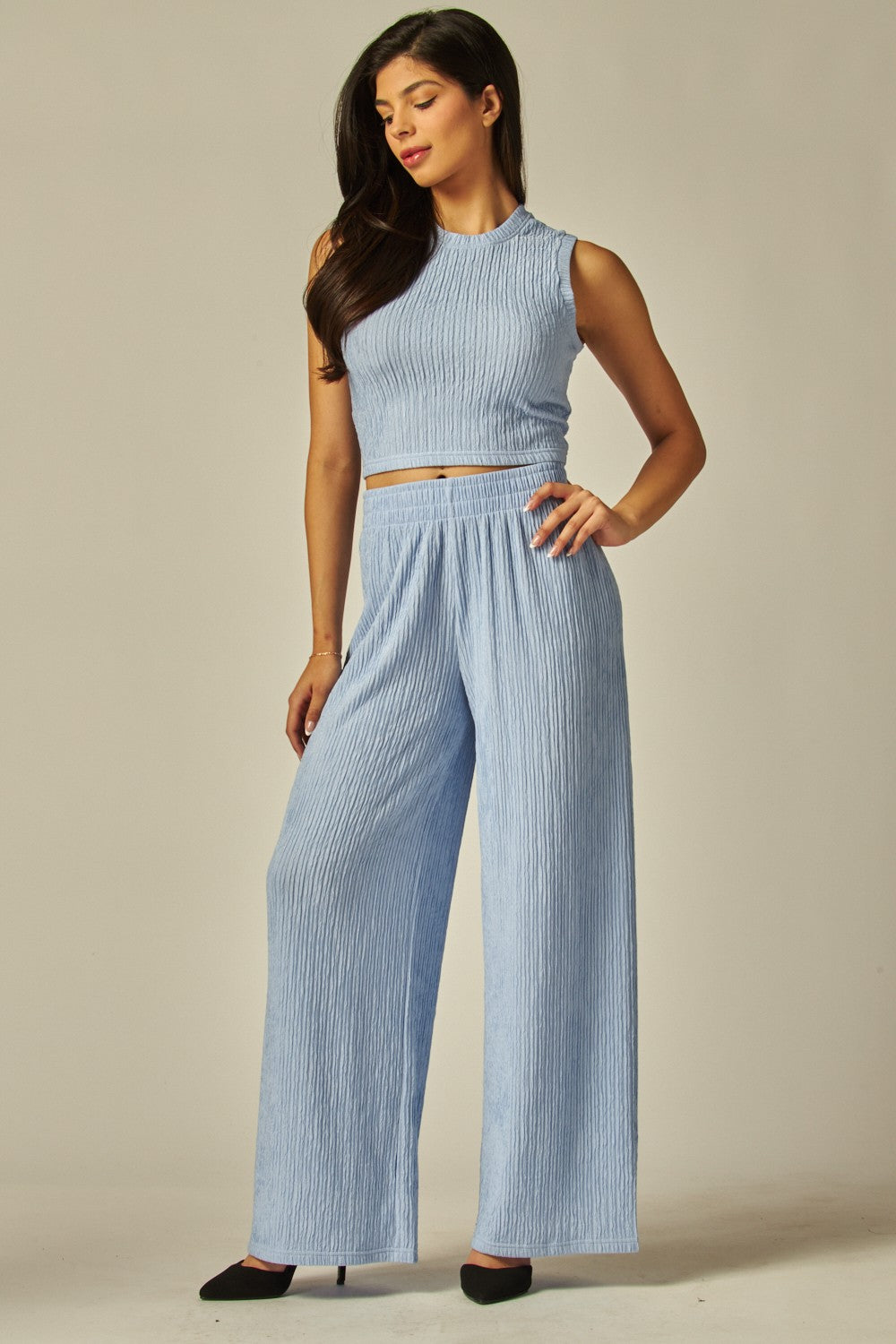 SKY BLUE Crinkle Textured Cropped Top 2pc Loungewear Set