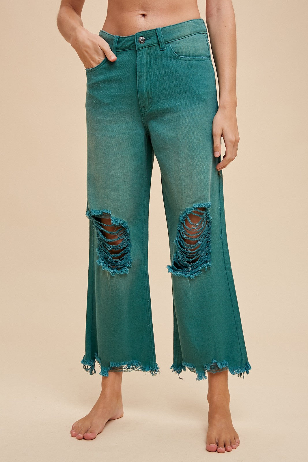 Distressed Light Weight Denim Wide Straight Jean