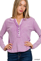 ALL ABOUT IT WASHED BABY WAFFLE HENLEY NECKLINE LONG SLEEVE TOP
