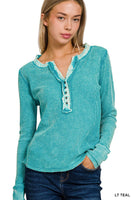 ALL ABOUT IT WASHED BABY WAFFLE HENLEY NECKLINE LONG SLEEVE TOP
