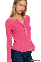ALL ABOUT IT WASHED BABY WAFFLE HENLEY NECKLINE LONG SLEEVE TOP