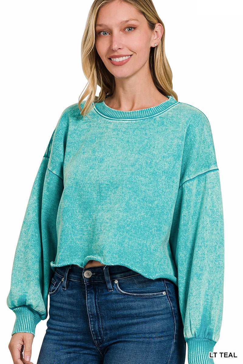 SUNNY DAYS ACID WASH FLEECE CROPPED PULLOVER