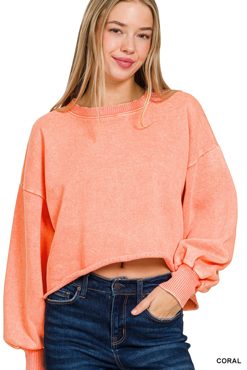 SUNNY DAYS ACID WASH FLEECE CROPPED PULLOVER