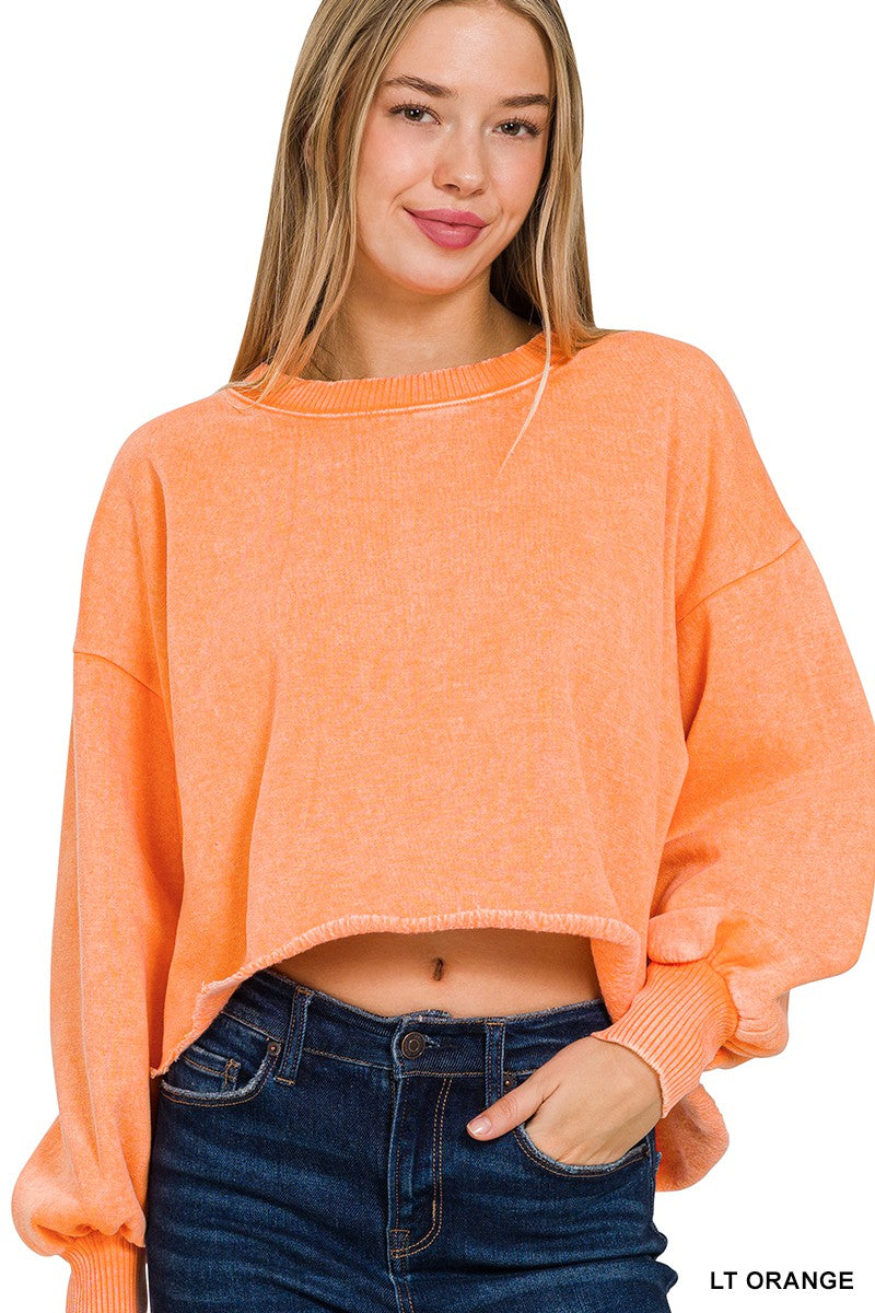 SUNNY DAYS ACID WASH FLEECE CROPPED PULLOVER