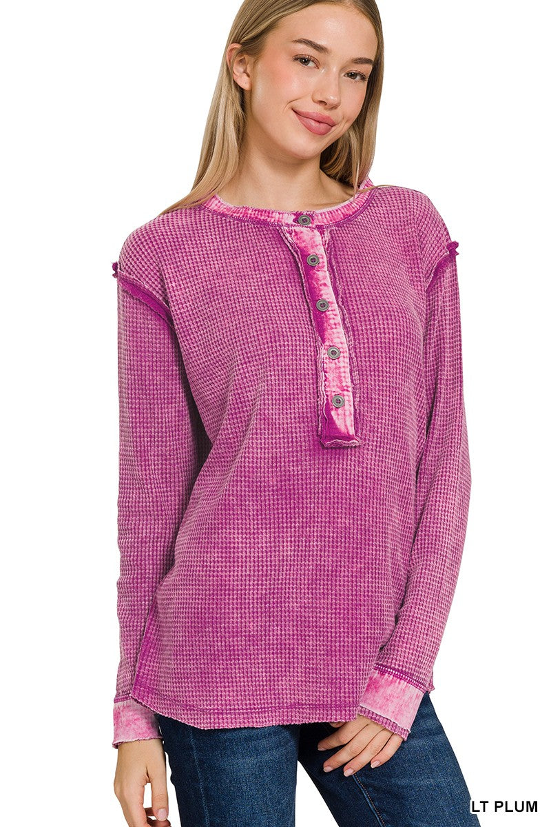 ALL ABOUT IT WASHED BABY WAFFLE HENLEY NECKLINE LONG SLEEVE TOP