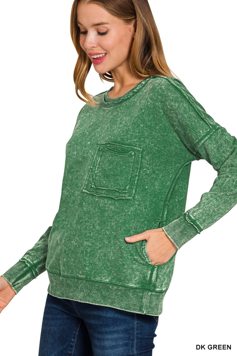 F/terry Washed Raw Edge Front Pocket Pullover