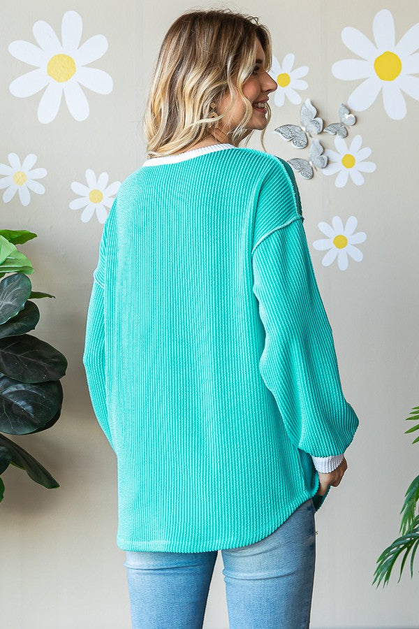 TURQUOSE RIBBED BUTTON FRONT TOP