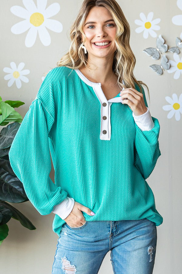 TURQUOSE RIBBED BUTTON FRONT TOP