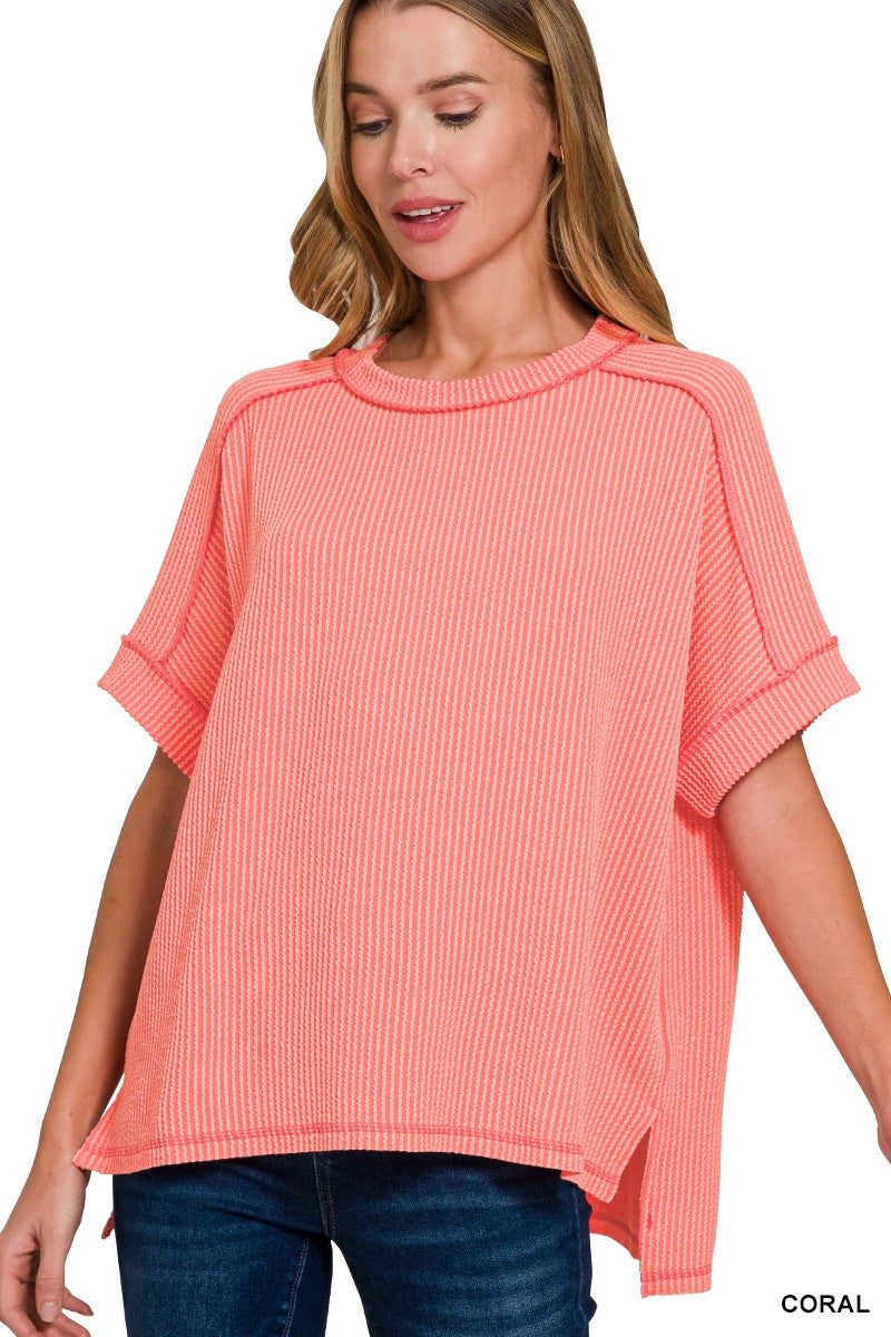 SALMON CORDED RIB SHORT CUFF SLEEVE RAW EDGE TOP