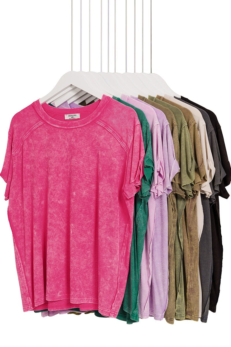 WASHED RIBBED SHORT SLEEVE BOAT-NECK