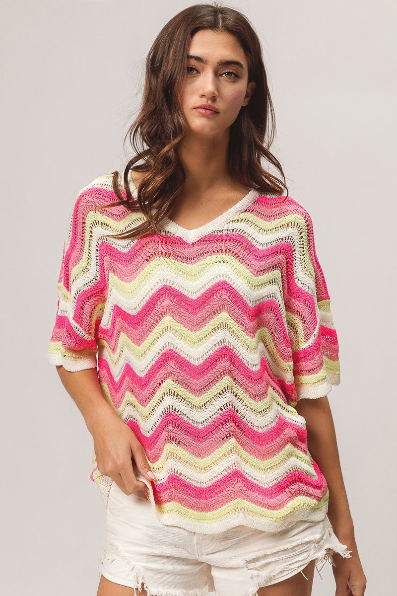 POINTELLE WAVE PATTERN SWEATER TOP