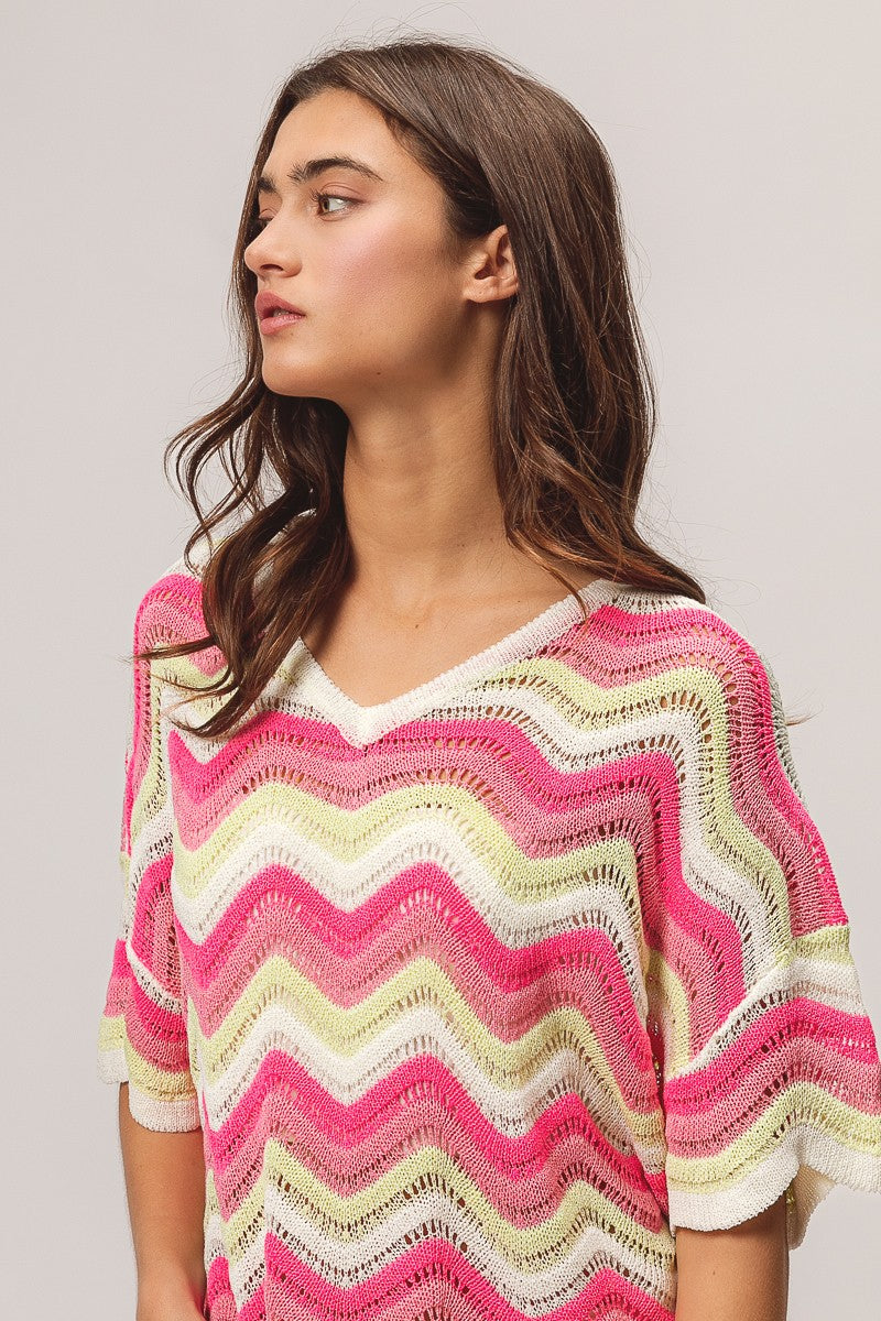 POINTELLE WAVE PATTERN SWEATER TOP