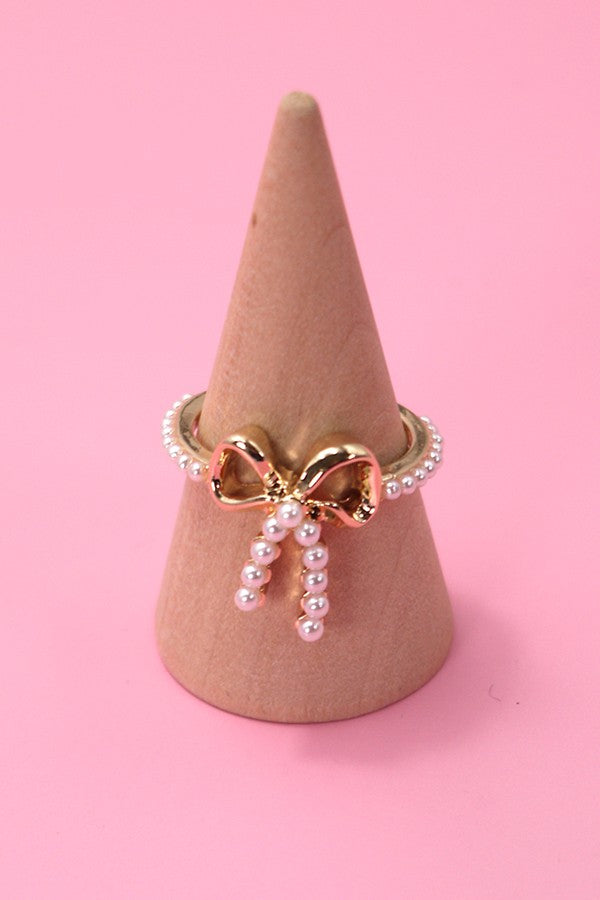 GOLD PEARL BOW RIBBON RING