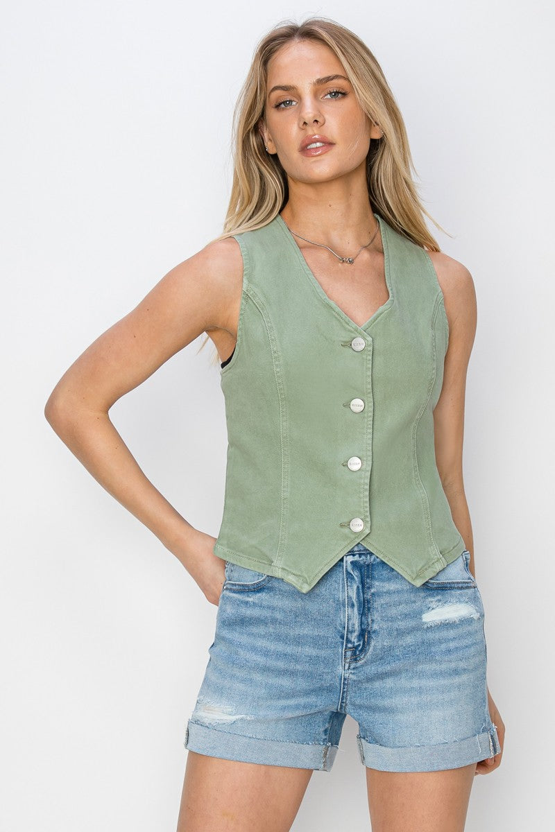 ALL THE RAGE LIGHT OLIVE DENIM STRETCH VEST