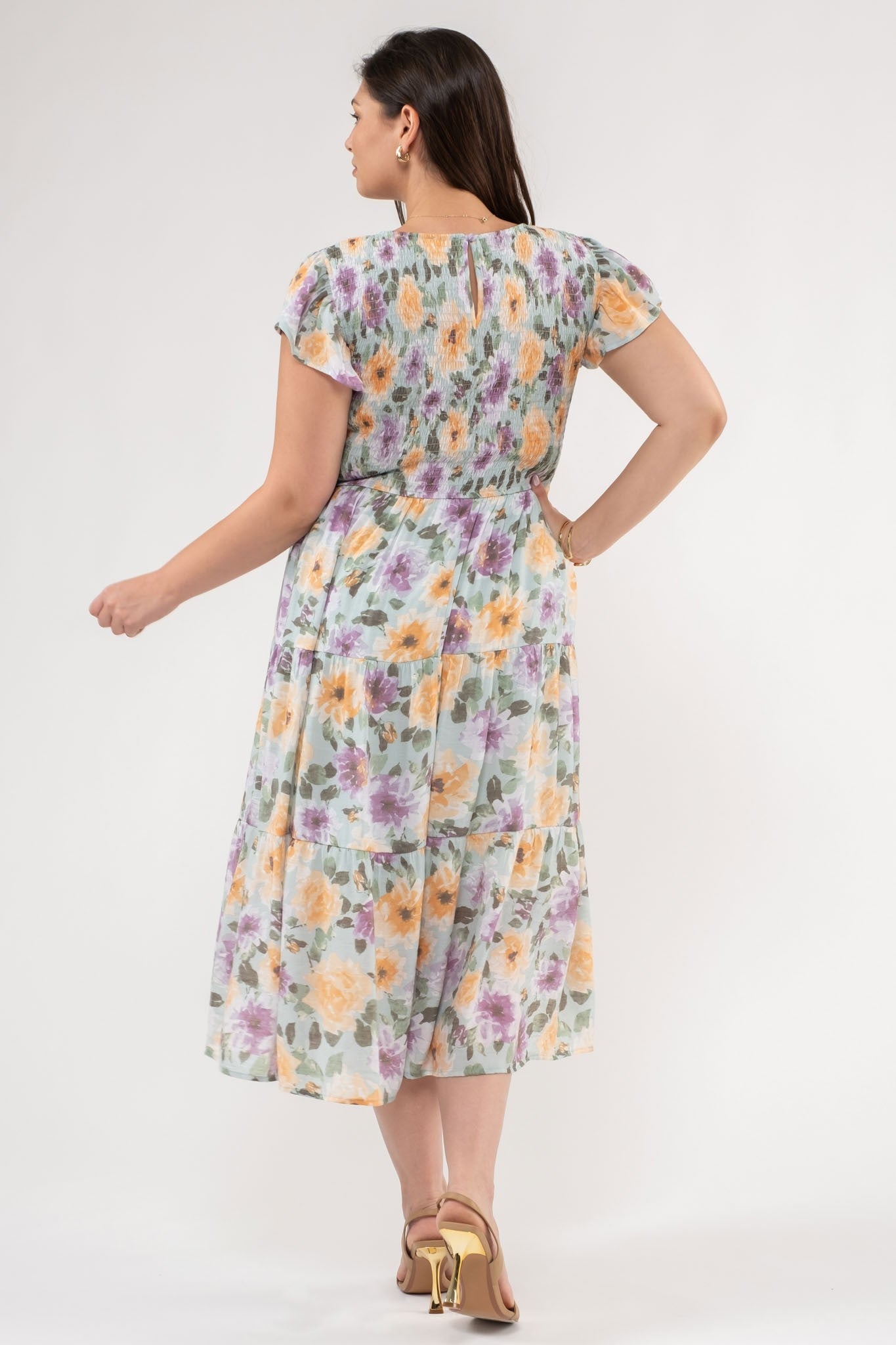 PLUS FLORAL SMOCKED TIERED MIDI DRESS