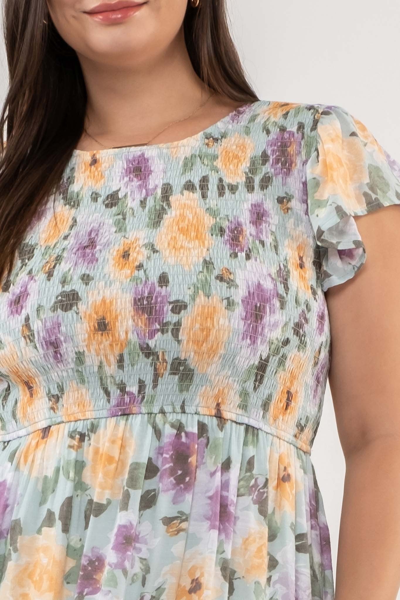 PLUS FLORAL SMOCKED TIERED MIDI DRESS