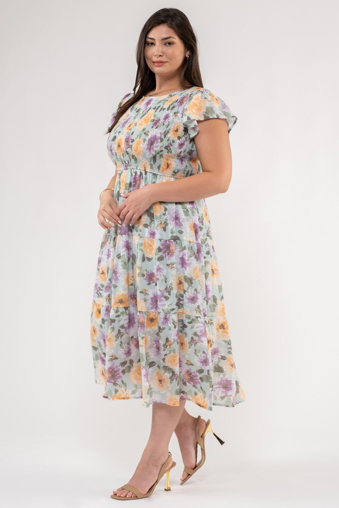 PLUS FLORAL SMOCKED TIERED MIDI DRESS
