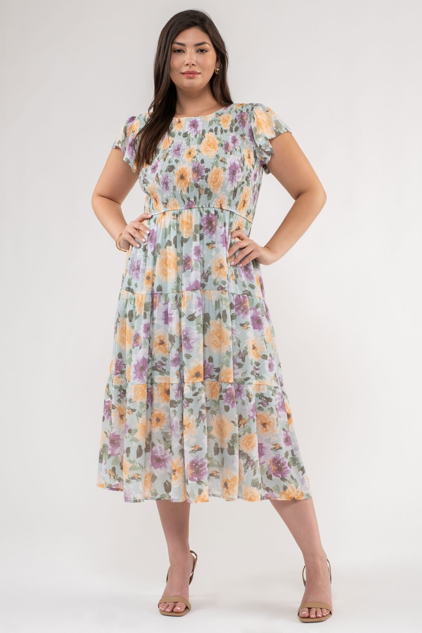 PLUS FLORAL SMOCKED TIERED MIDI DRESS