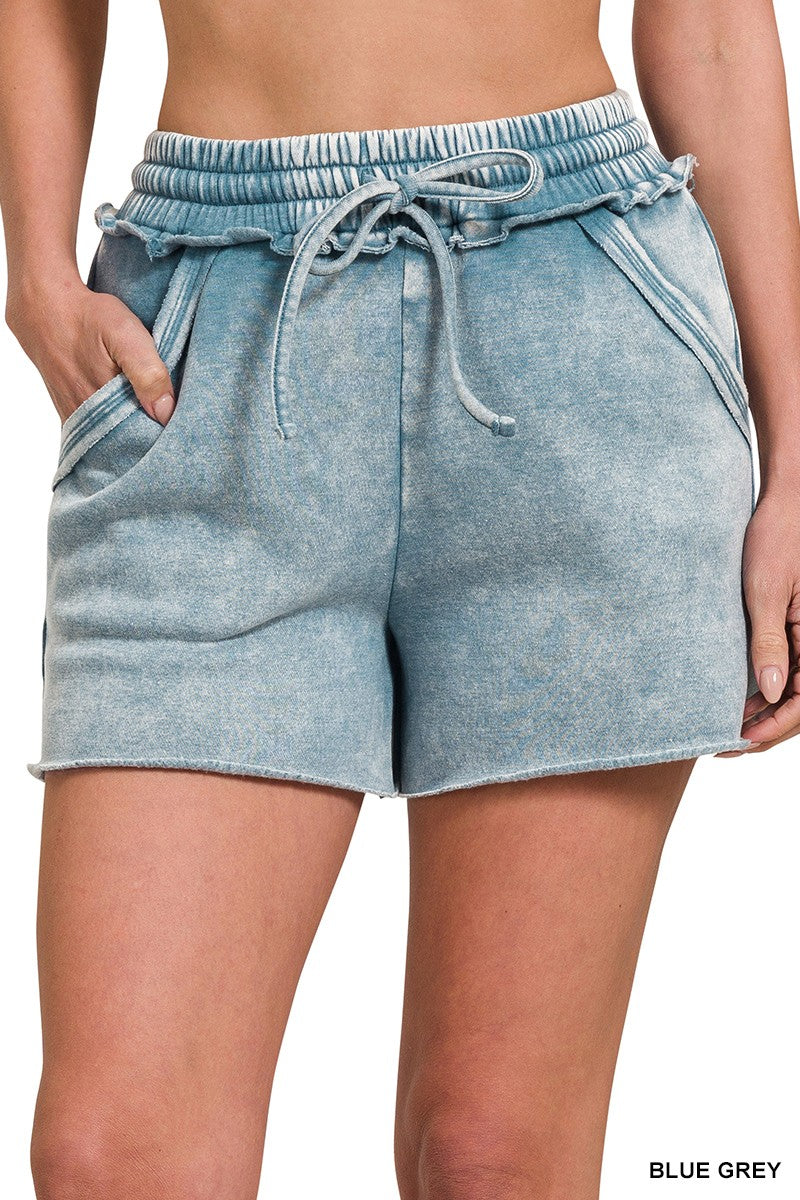 ACID WASH FLEECE DRAWSTRING SHORTS WITH POCKETS