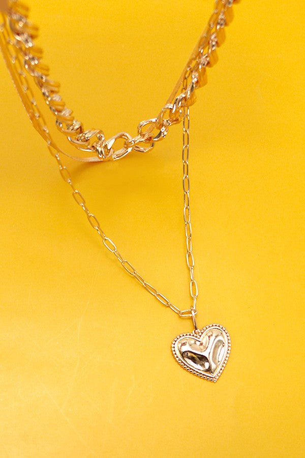 MULTI LAYER CUBAN HERRINGBONE HEART CHARM NECKLACE