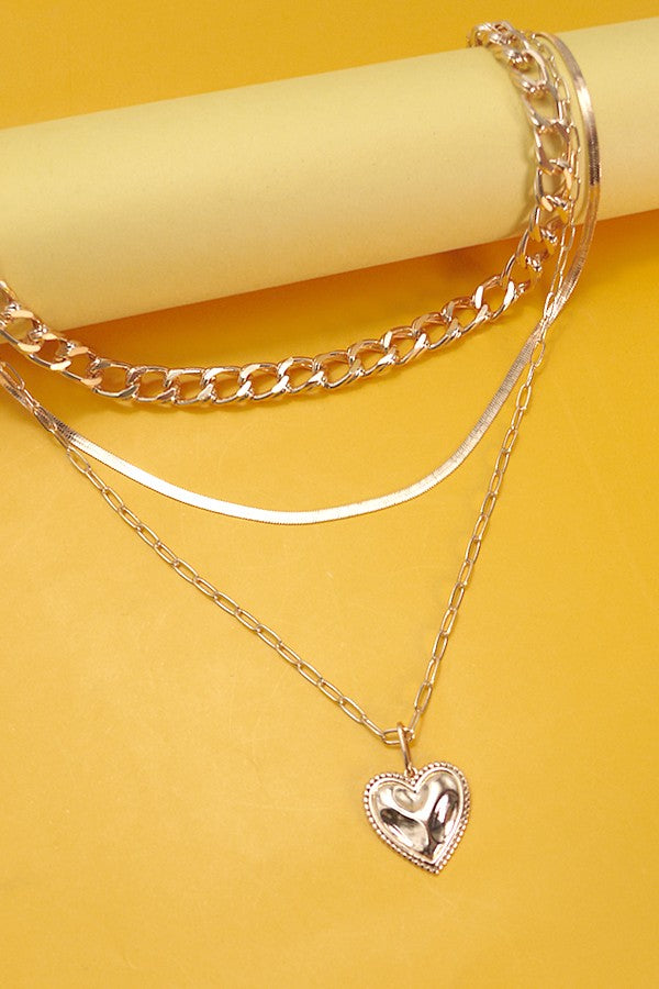 MULTI LAYER CUBAN HERRINGBONE HEART CHARM NECKLACE