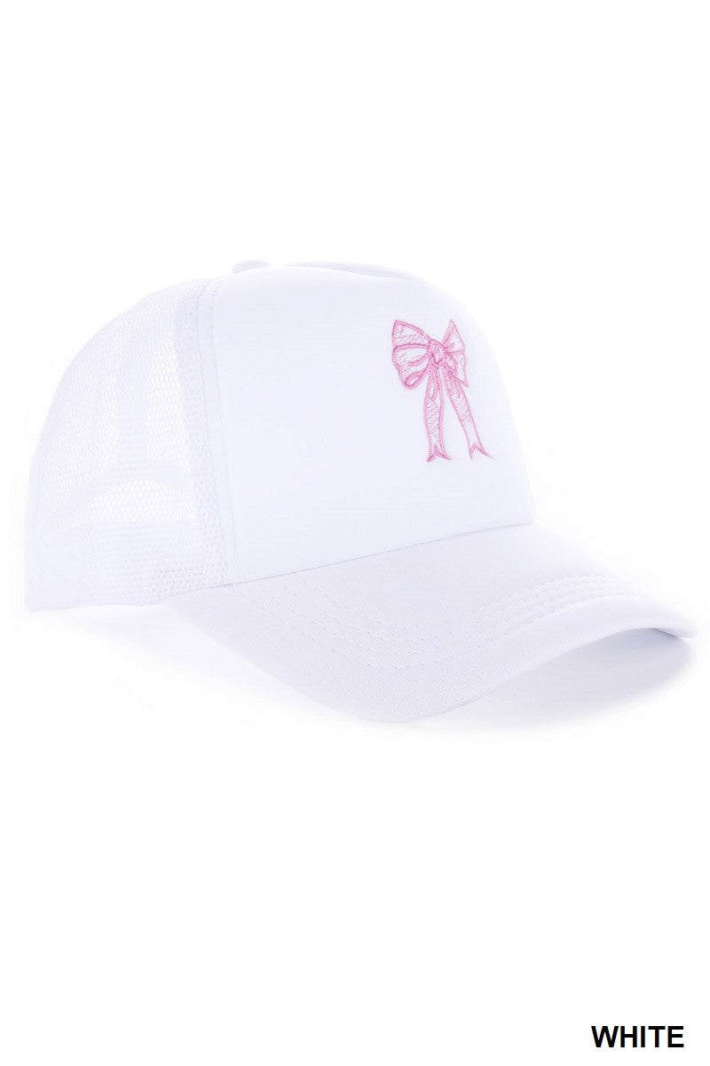 COQUETTE RIBBON BOW EMBROIDERY TRUCKER HAT