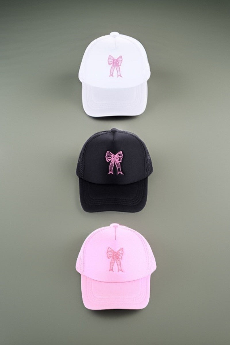 COQUETTE RIBBON BOW EMBROIDERY TRUCKER HAT