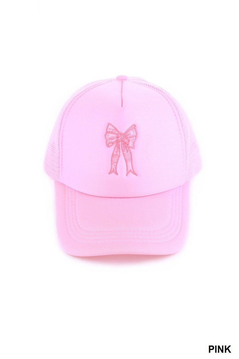 COQUETTE RIBBON BOW EMBROIDERY TRUCKER HAT