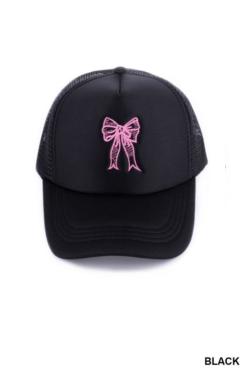 COQUETTE RIBBON BOW EMBROIDERY TRUCKER HAT