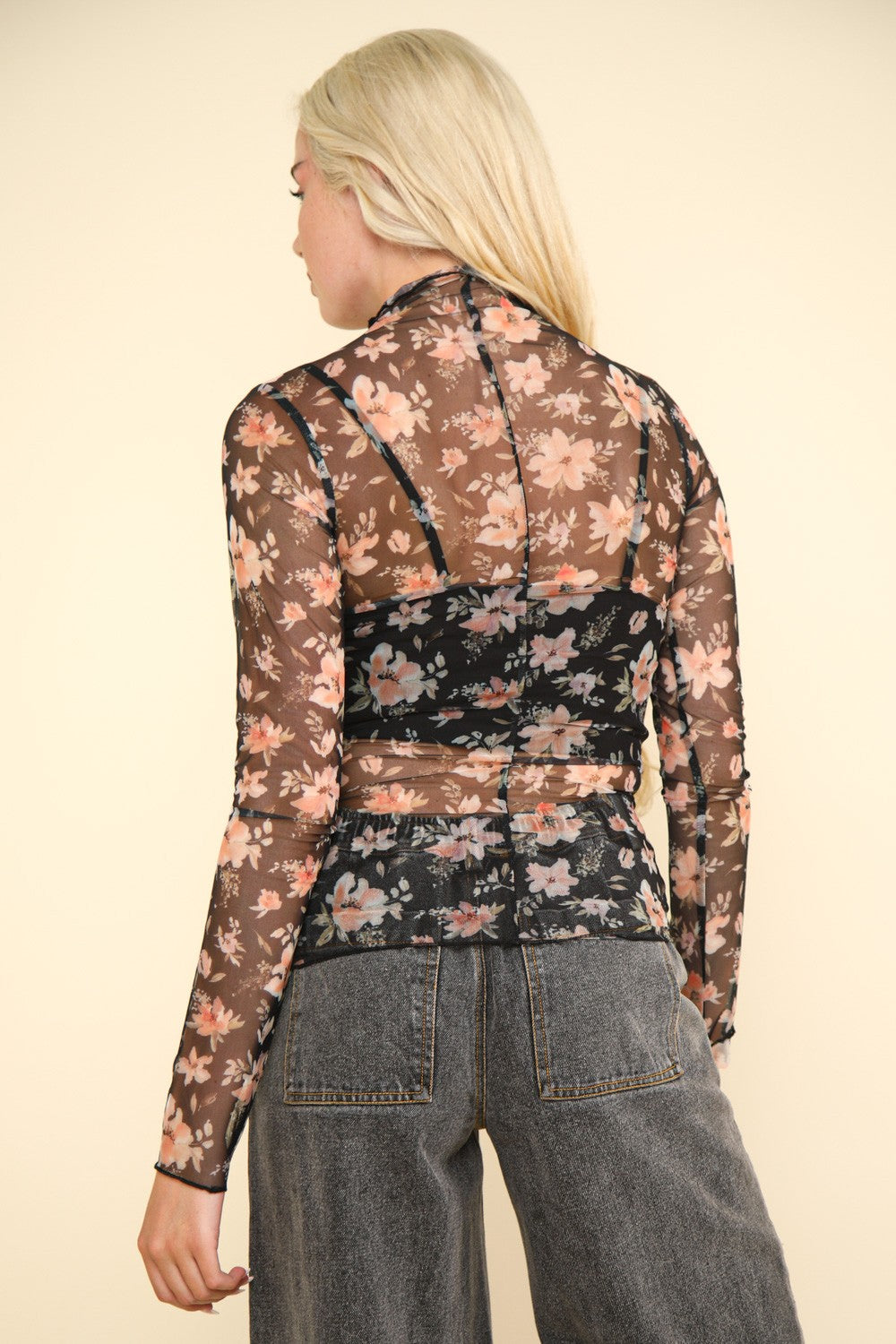 PIERCING BEAUTY High Neck Fitted Sheer Mesh Lace Knit Top