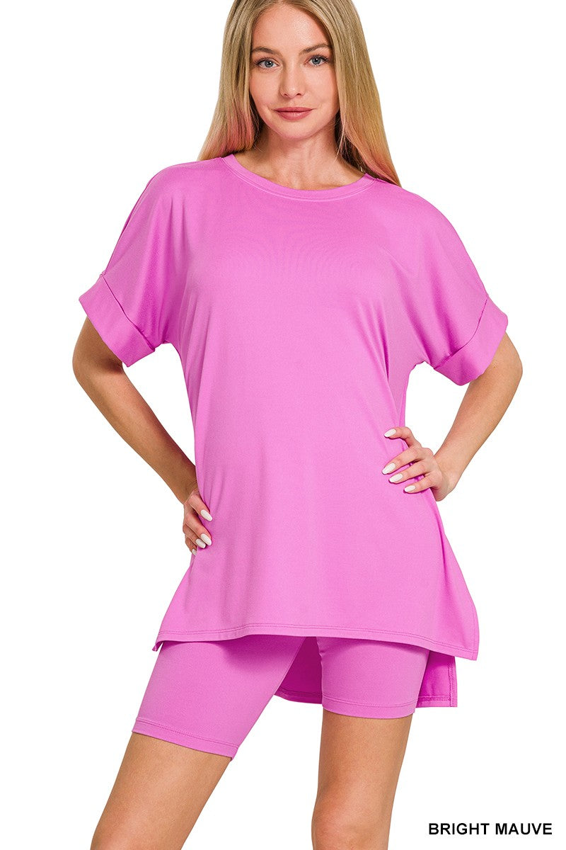BRUSHED DTY MICROFIBER R-NECK TOP & BIKER SHORTS